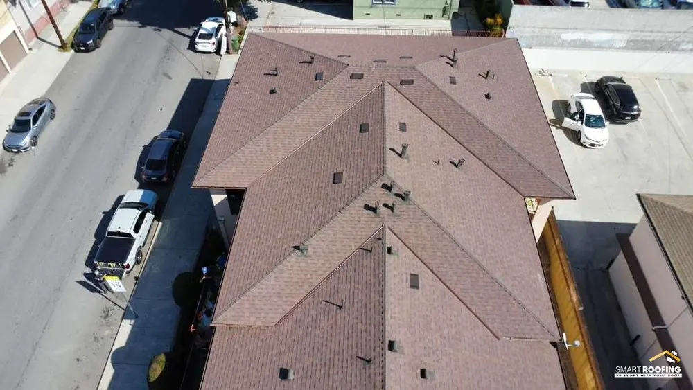 Smart Roofing project - Asphalt Shingle Roof Replacement - Brown / Tan Blend, 16-Photo Aerial Documentation in Los Angeles