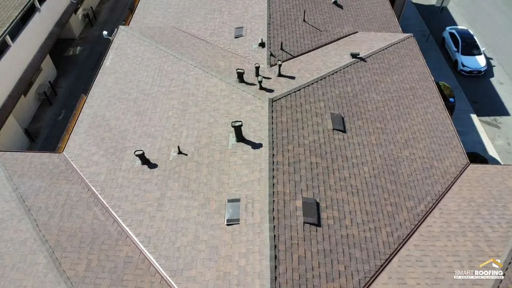 Smart Roofing project - Asphalt Shingle Roof Replacement - Brown / Tan Blend, 16-Photo Aerial Documentation in Los Angeles
