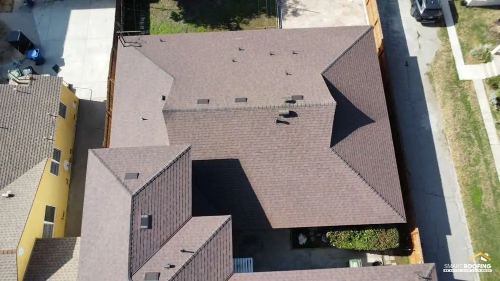 Smart Roofing project - Asphalt Shingle Roof Replacement - Brown / Tan Blend, 16-Photo Aerial Documentation in Los Angeles