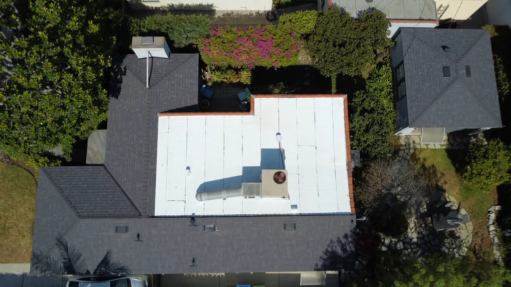Smart Roofing project - Mixed Roof System - Midnight Shingles and White Polyfresko, Los Angeles in Los Angeles